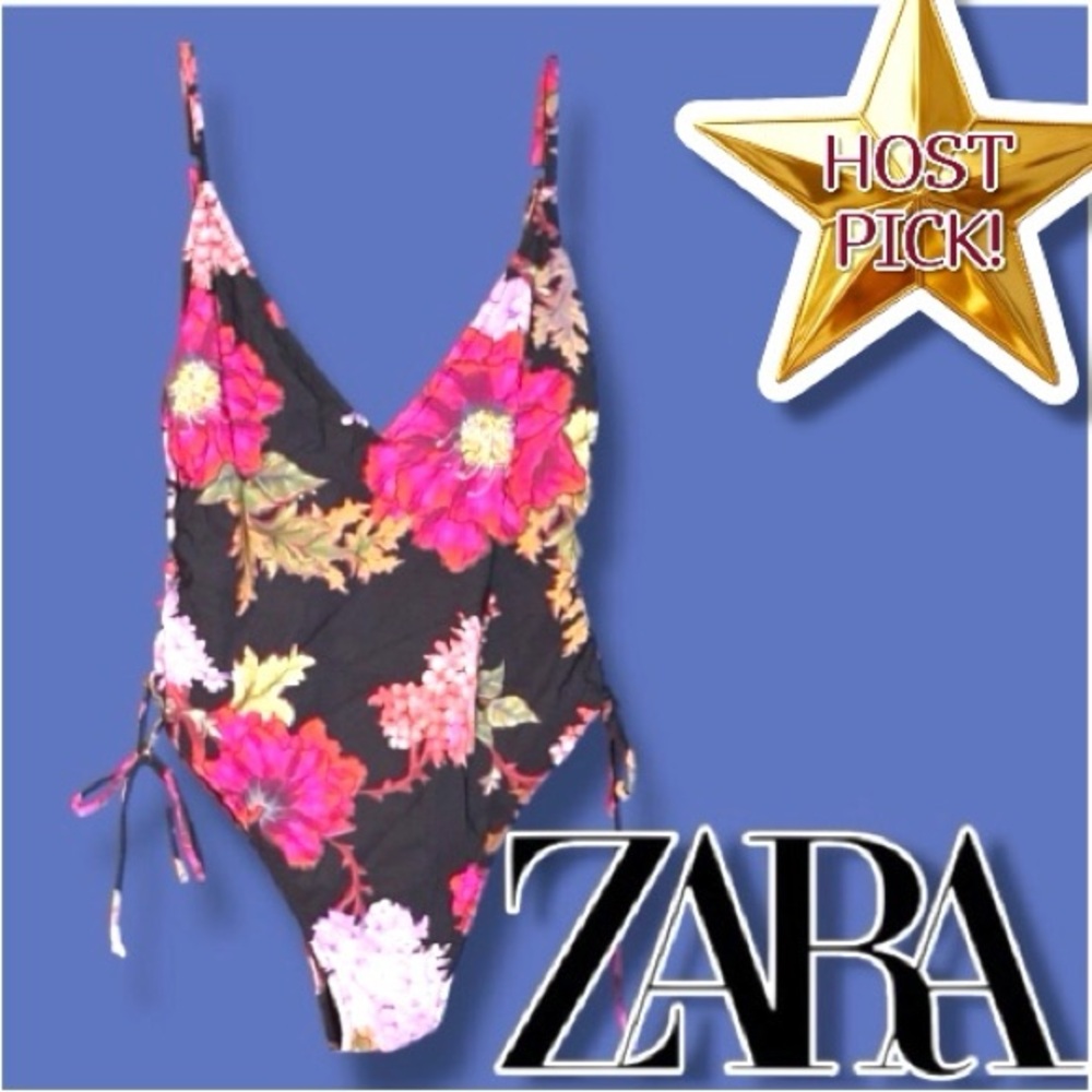 ✨HP!✨ EUC ZARA Floral Low Back Side Drawstring Tie One-Piece Swimsuit. Size M